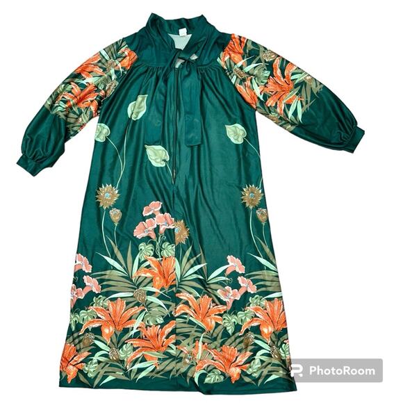 RARE Retro Exclusive of Ornamentation Tiger Lily Green Maxi House Dress Large - Picture 2 of 7